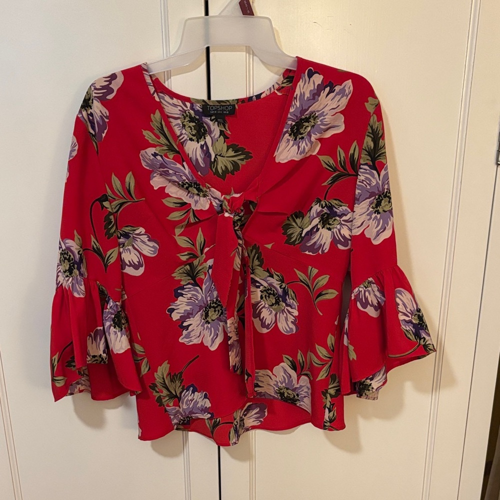 Topshop Red Floral Blouse with Ruffle Sleeves 6